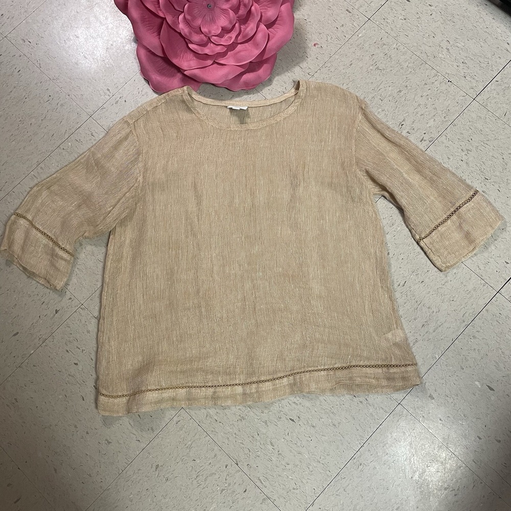 PURE JILL LINEN Sz Large Airy Open Weave Sheer 3/4 Sleeve Tunic Top Crochet Trim
